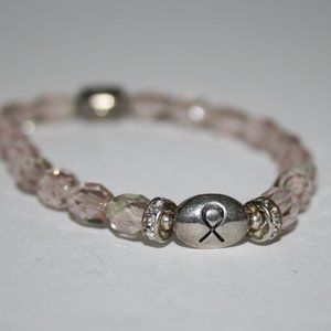 Light pink glass and silver awareness ribbon bracelet 7"